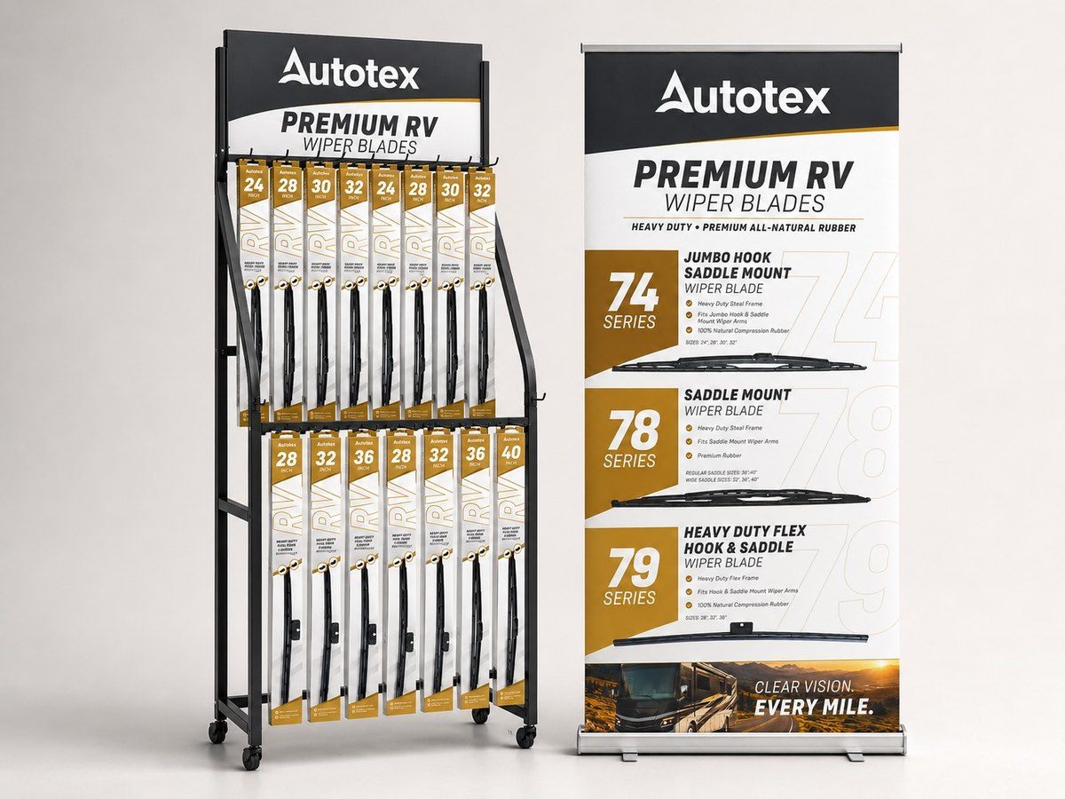 Autotex RV free-standing floor display and pull-up banner